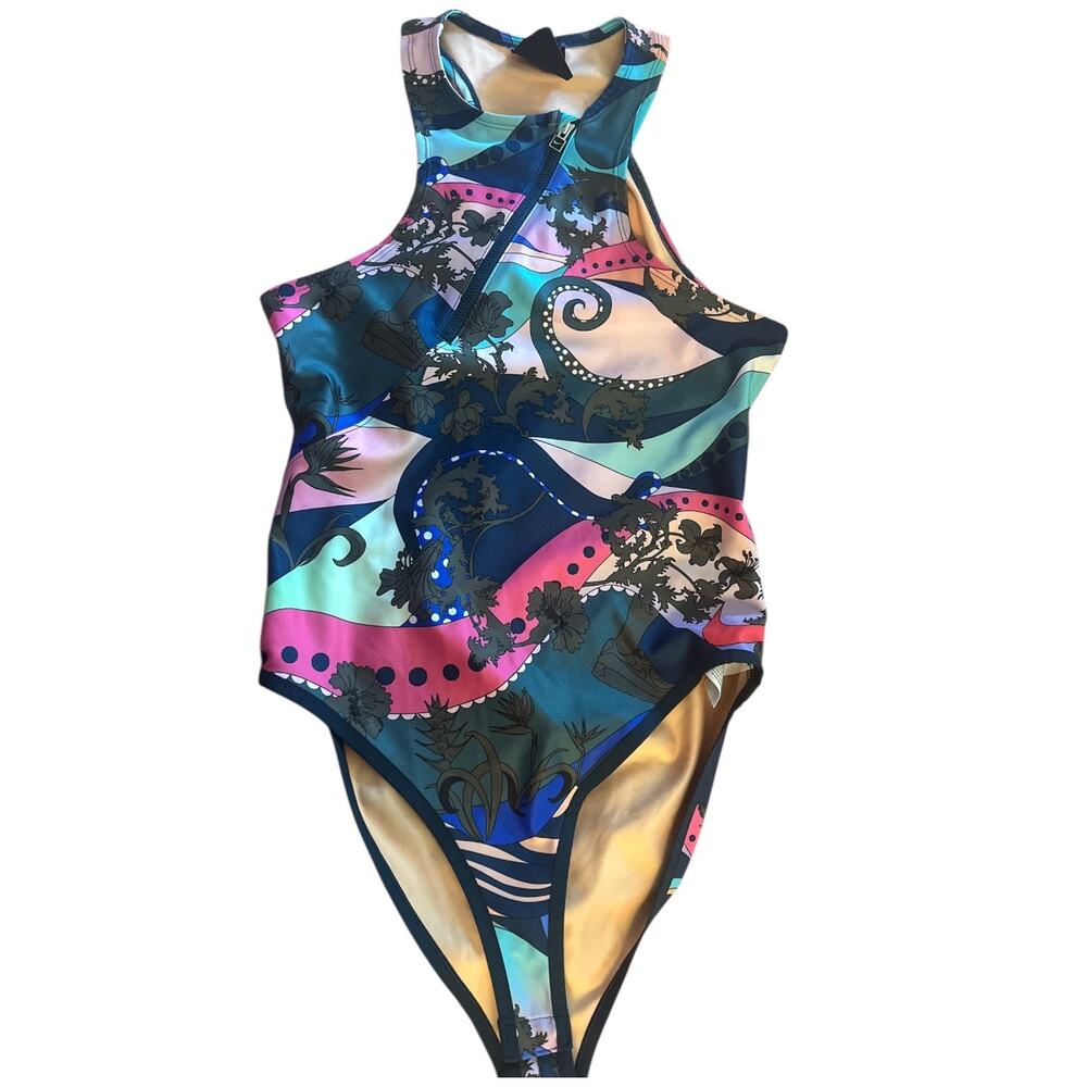 Nike Multicolor Floral-Print Sports Swimsuit - Pink, Navy, Teal - Picture 3 of 7